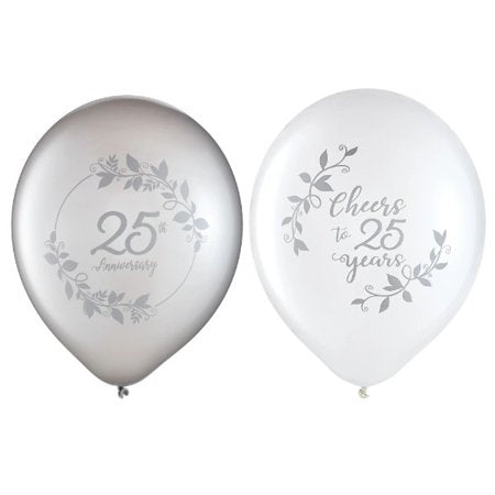 12" Happy Anniversary Latex Balloons - Silver, White, 15 pieces
