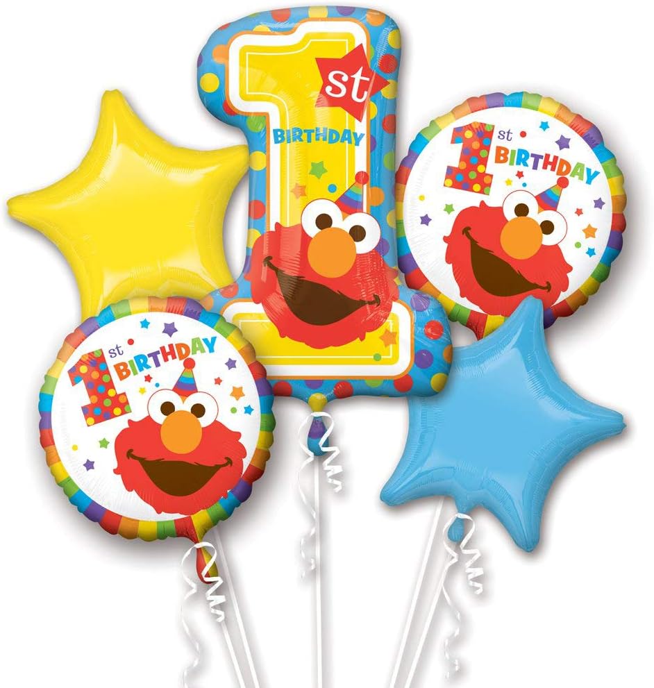 Sesame Street 1st Birthday Balloon Bouquet – 5 Piece Foil Set Featuring Elmo